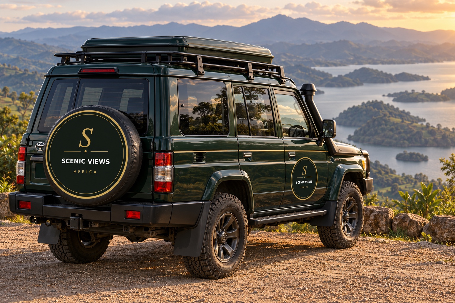 Forest green Scenic Views Africa safari four-wheel-drive at a lakeside viewpoint