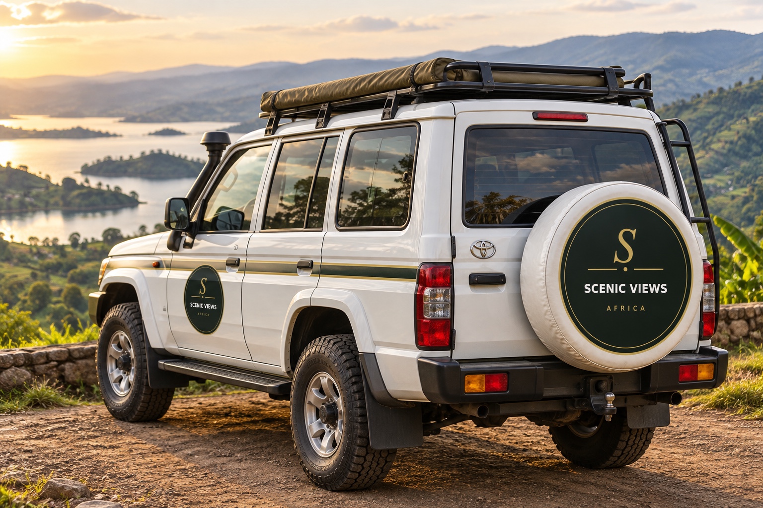 White Scenic Views Africa safari four-wheel-drive overlooking Lake Bunyonyi
