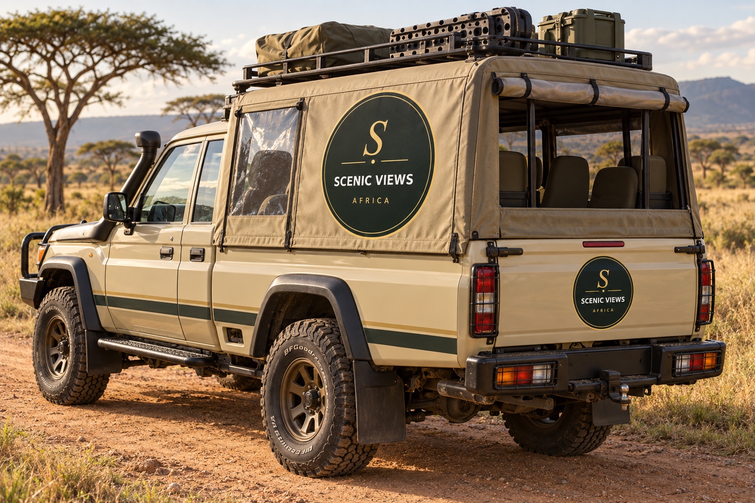 Open-sided Scenic Views Africa safari vehicle in the savannah