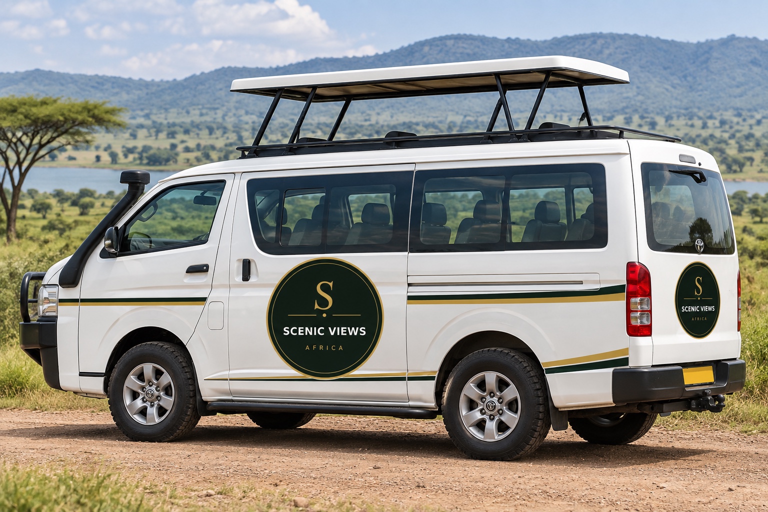 White Scenic Views Africa safari minibus on a savannah road