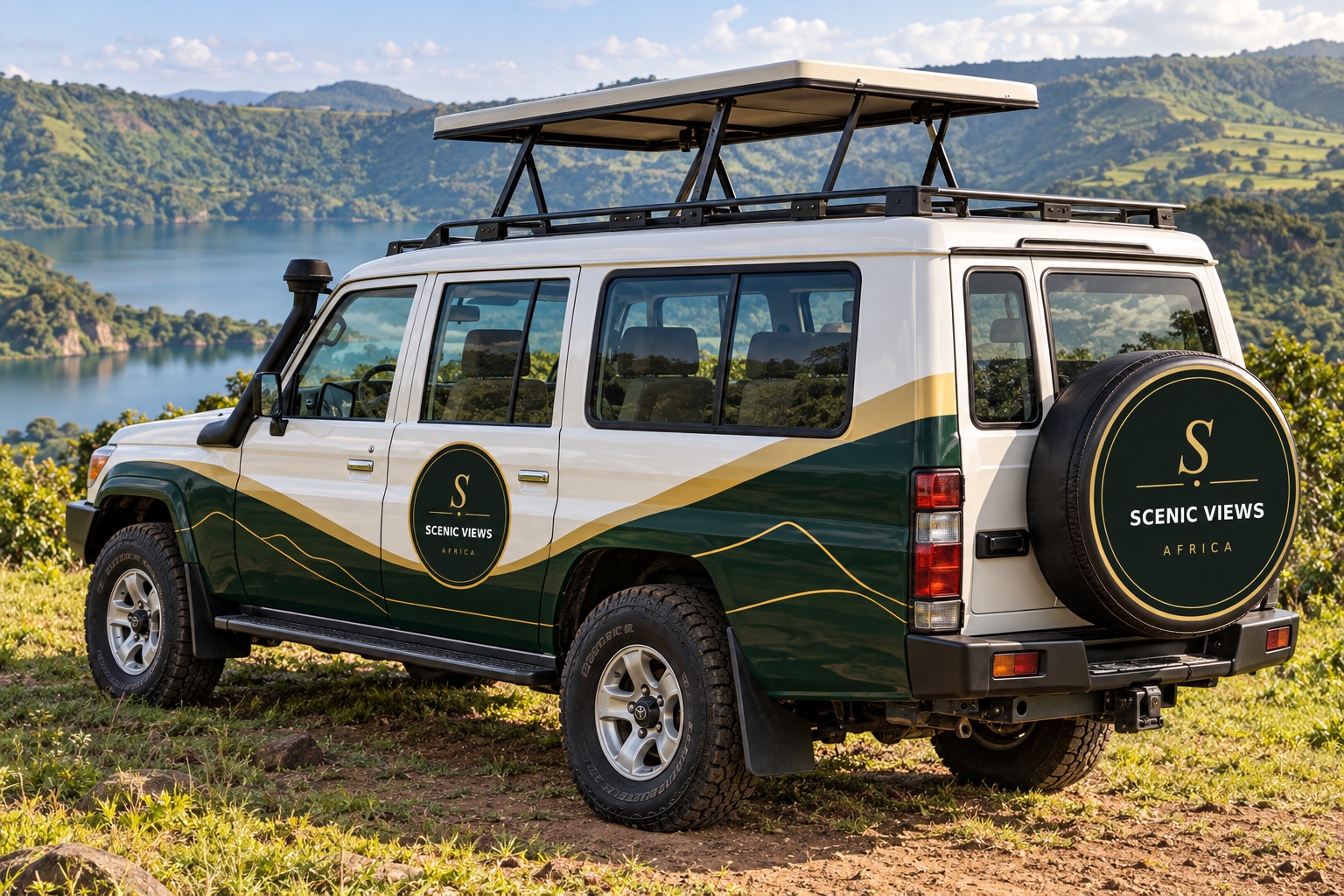 White and green Scenic Views Africa safari four-wheel-drive beside a crater lake